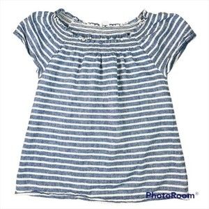 Beachlunchlounge Off Shoulder Linen Blue and White Striped Ruffle Top Size S